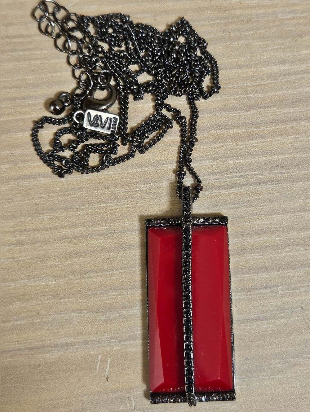 VIVI LOVE OXIDIZED SILVER RED RECTANGLE GLASS CROSS RHINESTONES LONG LAYER PIECE